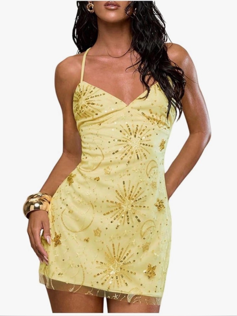 Yellow Sequin Mini Dress Sexy Sparkly Backless Party Cocktail Dress